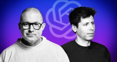 Jony Ive, Sam Altman and an OpenAI logo
