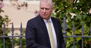 Prince Andrew, Duke of York, looks round as he leaves after attending the Easter Matins Service at St. George's Chapel, Windsor Castle, England, Sunday, April 20, 2025. (AP Photo/Kirsty Wigglesworth, Pool)
