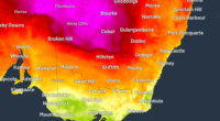 Maximum temperatures for next Tuesday showing temperatures as high as 44 degrees in pink.