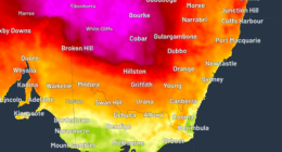 Maximum temperatures for next Tuesday showing temperatures as high as 44 degrees in pink.