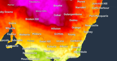 Maximum temperatures for next Tuesday showing temperatures as high as 44 degrees in pink.
