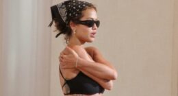 Rita Ora displays her taut abdomen in a crop top and hot pants