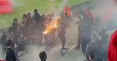 Tel Aviv football derby is cancelled over 'risk to human lives' as 'violent riots break out at stadium': Pressure mounts over Israeli fans being banned from Aston Villa match