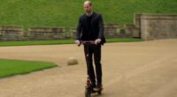 The Prince of Wheels! Moment William cruises through Windsor Castle grounds on an e-scooter during appearance on Eugene Levy's travel show
