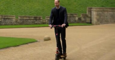 The Prince of Wheels! Moment William cruises through Windsor Castle grounds on an e-scooter during appearance on Eugene Levy's travel show
