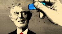 Illustration of a pencil sketch of Tony Blair with a drawn hand using a blue eraser to start rubbing out his head