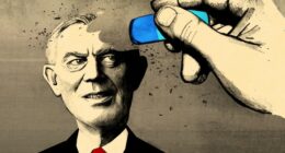 Illustration of a pencil sketch of Tony Blair with a drawn hand using a blue eraser to start rubbing out his head