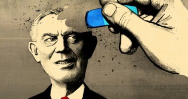 Illustration of a pencil sketch of Tony Blair with a drawn hand using a blue eraser to start rubbing out his head
