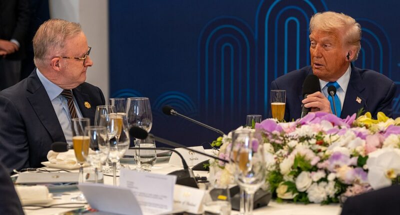 Donald Trump has complimented Anthony Albanese for doing a 'fantastic job' on a $13billion critical minerals deal, before the pair were seen clinking glasses and sitting side-by-side at an exclusive dinner. The meeting was held at the Hilton Hotel in Gyeongju, southeastern South Korea , on Wednesday on the sidelines of the Asia Pacific Economic Cooperation (APEC) summit.
