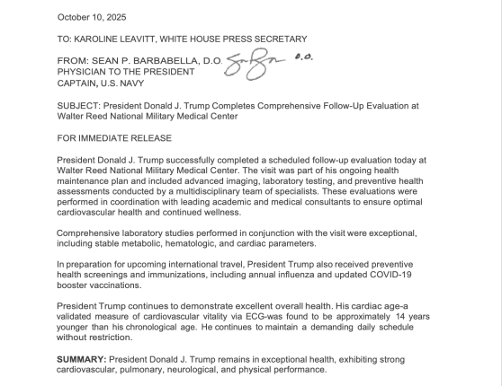 Trump's physical results released, got COVID shot ahead of Middle East trip