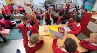 Children in red uniforms hold up whiteboards with answers during a primary school mathematics lesson.
