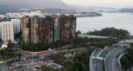 An aerial view of the burnt buildings after a deadly fire at Wang Fuk Court, a residential estate in the Tai Po district of Hong Kong's New Territories,