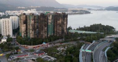 An aerial view of the burnt buildings after a deadly fire at Wang Fuk Court, a residential estate in the Tai Po district of Hong Kong's New Territories,