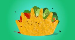 An illustration showing a taco shaped like a king’s crown, filled with colorful vegetables and sauces, with flies nearby.