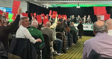 Celtic's annual general meeting ABANDONED after angry fans jeer board and wave red cards at top table