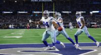 Dallas Cowboys defensive end Marshawn Kneeland (94) celebrates after he recovered a blocked punt for a touchdown in the first half of an NFL football game against the Arizona Cardinals first half of an NFL football game Monday, Nov. 3, 2025, in Arlington, Texas. (AP Photo/Richard Rodriguez)