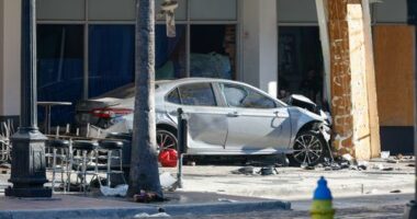 A car that crashed into a local business is shown on Saturday, Nov. 8, 2025, in Tampa, Fla.  (Jefferee Woo/Tampa Bay Times via AP)
