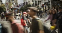 Pedestrians on Bourke Street in Melbourne.