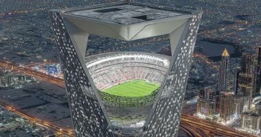 How 50 MILLION people were fooled by a Saudi Arabia World Cup skyscraper stadium video that turned out to be an AI hoax, cost 35p to create and was made in two minutes by a man in bed on his phone