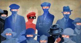 Illustration of men and women in 1920s clothing looking at each other with suspicion