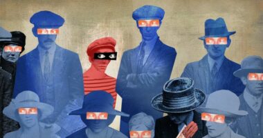 Illustration of men and women in 1920s clothing looking at each other with suspicion