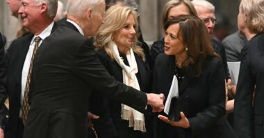 Kamala and Jill Biden forced to sit side-by-side at Cheney funeral as frosty reunion is rekindled
