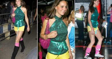 Kate Middleton's disco era! Future Queen looks unrecognisable in yellow shorts and rollerblades at a fundraiser before marrying Prince William