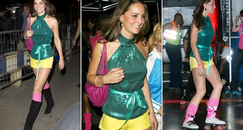 Kate Middleton's disco era! Future Queen looks unrecognisable in yellow shorts and rollerblades at a fundraiser before marrying Prince William