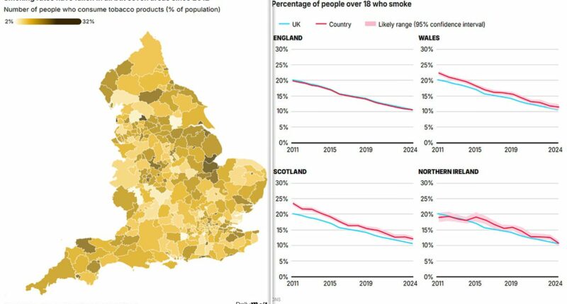 Mapped: Britain's smoking strongholds where rates have gone UP - despite vapes overtaking cigarettes