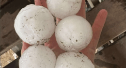 A massive supercell thunderstorm has hammered parts of Queensland, unleashing giant hail, fierce winds and lightning