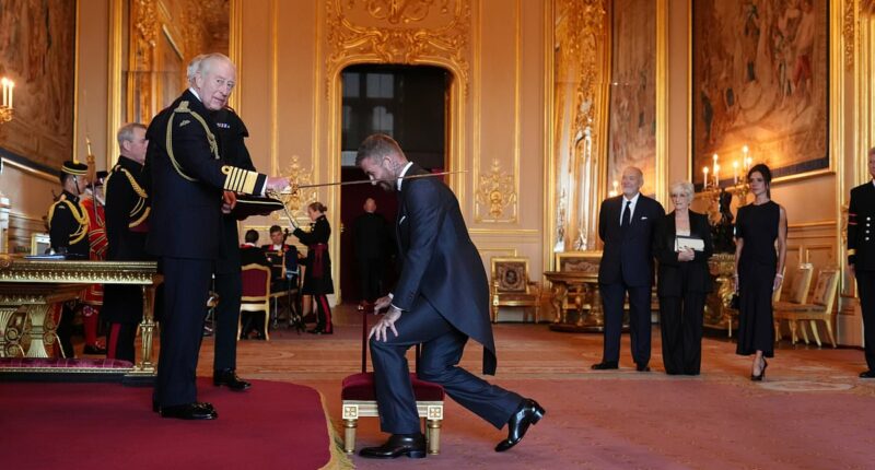 'Not bad for a boy from the east end!':  David Beckham hails 'proudest moment of his life' as he is FINALLY handed much longed-for knighthood by Charles (wearing suit designed by wife Victoria, inspired by the very stylish King)