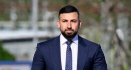 Omar Lababidi (right) arrives at Campbelltown Local Court, Sydney, Wednesday, October 8, 2025. (AAP Image/Steven Markham)
