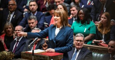 Rachel Reeves speaks from the despatch box in the House of Commons, gesturing with her right hand, surrounded by MPs.