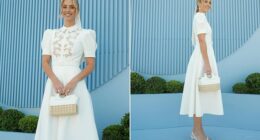 Sylvia Jeffreys looks elegant white lace dress at Derby Day