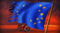 A tattered EU flag and a damaged UK flag fly against a dramatic red sky