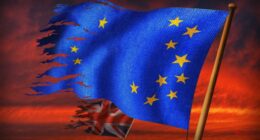A tattered EU flag and a damaged UK flag fly against a dramatic red sky
