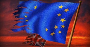 A tattered EU flag and a damaged UK flag fly against a dramatic red sky