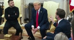 Vice President JD Vance, right, speaks with Ukrainian President Volodymyr Zelenskyy, left, as President Donald Trump listens in the Oval Office at the White House on February 28. 2025.