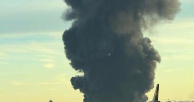 UPS cargo plane with 3 aboard explodes on takeoff at Louisville airport, igniting huge fire