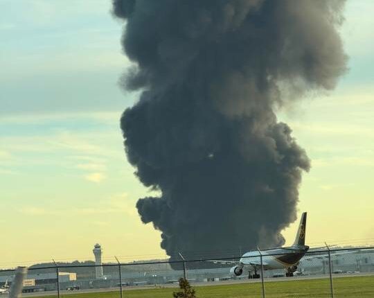 UPS cargo plane with 3 aboard explodes on takeoff at Louisville airport, igniting huge fire