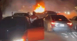 Video shows wild neighborhood street takeover as violent mob pummels couple, burns truck