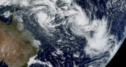 FILE - In this satellite image provided by CSU/CIRA & NOAA taken 1:10 GMT on Feb. 25, 2025, shows three cyclones, from left, Alfred, Seru and Rae east of Australia in the South Pacific. (CSU/CIRA & NOAA via AP, File)