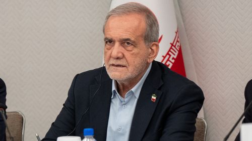 Masoud Pezeshkian, the President of Iran, takes questions from the media at a press briefing in New York, Friday, Sept. 26, 2025.
