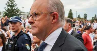 Prime Minister Anthony Albanese. The Jewish community of NSW holds a vigil for victims and survivors of the Bondi Massacre, one week on, Bondi Beach. Photograph by Edwina Pickles. Dec 21, 2025