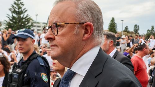 Prime Minister Anthony Albanese. The Jewish community of NSW holds a vigil for victims and survivors of the Bondi Massacre, one week on, Bondi Beach. Photograph by Edwina Pickles. Dec 21, 2025