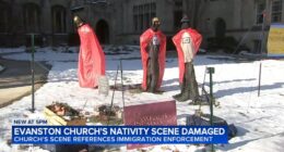 Anti-ICE Nativity scene at Lake Street Church in Evanston, Illinois vandalized; display add zip ties, gas masks