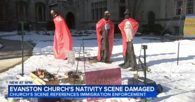 Anti-ICE Nativity scene at Lake Street Church in Evanston, Illinois vandalized; display add zip ties, gas masks