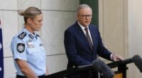 CANBERRA, AUSTRALIA - DECEMBER 19: Australian Prime Minister Anthony Albanese and Australian Federal Police Commissioner Krissy Barrett on December 19, 2025 in Canberra, Australia. Albanese held the press conference as the government comes under pressure over the recent Bondi mass shooting, promising to tighten gun laws across the country.