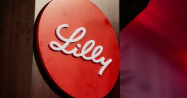 The Eli Lilly logo in white script on a red circular background.