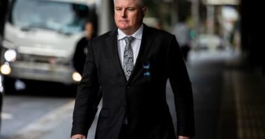 Former Australian cricketer Stuart MacGill arrives at Downing Centre Local court, Friday, 9 May 2025.    Macgill, an Australian cricketing great  will this morning learn whether he will be jailed after being found guilty by a District Court jury of helping to set up, and being present at, a meeting between the man and a street-level drug dealer, who can only be known as Person A, underneath his Neutral Bay restaurant in April 2021.   Photo: Sam Mooy / The Sydney Morning Herald